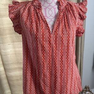 Sundance Red and White Ruffled Flutter Sleeve Blouse